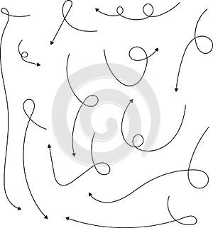 Hand drawn doodle dotted arrows. Hand drawn freehand cartoon different curved lines, swirls arrows. Doodle, sketch style. Vector