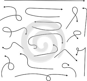 Hand drawn doodle dotted arrows. Hand drawn freehand cartoon different curved lines, swirls arrows. Doodle, sketch style. Vector