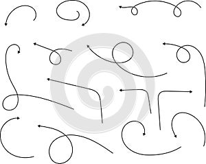 Hand drawn doodle dotted arrows. Hand drawn freehand cartoon different curved lines, swirls arrows. Doodle, sketch style. Vector