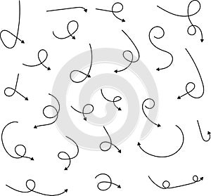 Hand drawn doodle dotted arrows. Hand drawn freehand cartoon different curved lines, swirls arrows. Doodle, sketch style. Vector