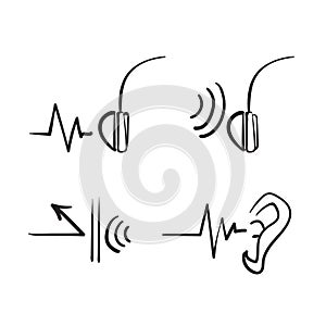Hand drawn doodle ear and headphone with sound wave block illustration vector isolated icon