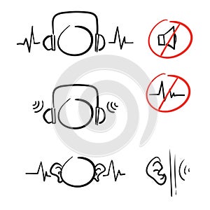 Hand drawn doodle ear and headphone with sound wave block illustration vector isolated icon