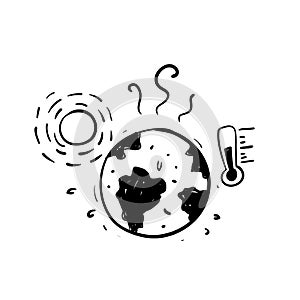 Hand drawn doodle earth and thermometer symbol for global warming illustration vector isolated