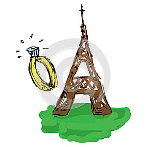 Hand drawn doodle eiffel tower. Symbol of travel in Paris eiffel tower. Concept of romantic travel eiffel tower and wedding ring