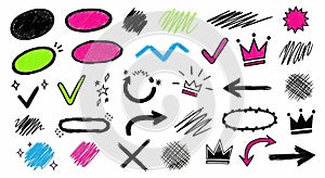 Hand-Drawn Doodle Elements: Arrows, Shapes, Crowns, and Checkmarks