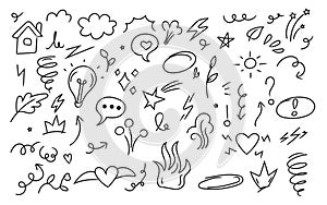 Hand drawn doodle elements in black and white for creative design and decoration
