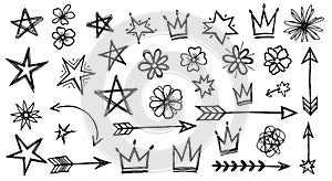 Hand Drawn Doodle Elements Set with Stars, Crowns, and Arrows