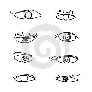 Hand drawn doodle eye illustration icon with continuous line style vector