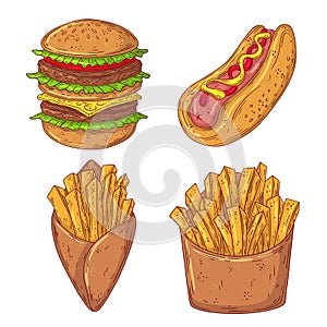 Hand drawn doodle fast food set. Burger, Hotdog, French Fries. Vector illustration isolated on white background.
