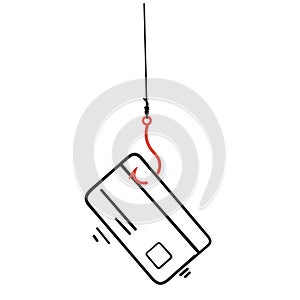 hand drawn doodle fishing hook and credit card symbol for phishing attack illustration vector