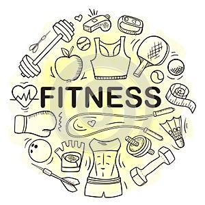 Hand drawn doodle fitness and sport round banner