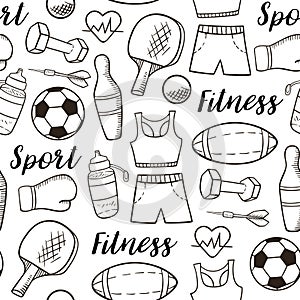 Hand drawn doodle fitness and sport seamless pattern