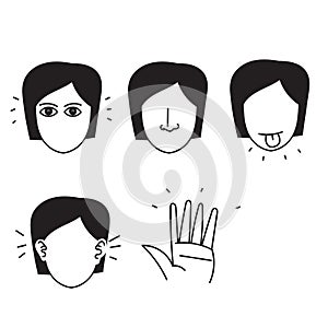 hand drawn doodle Five senses vector icon illustration set