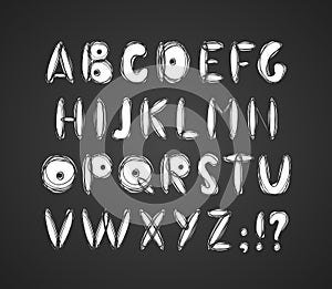 Hand drawn doodle font. English cartoon Abc alphabet on chalkboard background