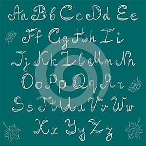 Hand Drawn Doodle Font and Leaves.Chalk Scribble Alphabet on Green Background.