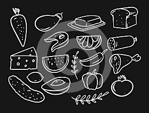Hand drawn doodle food icons set outline isolated on a chalkboard. Black and white color vector illustration.