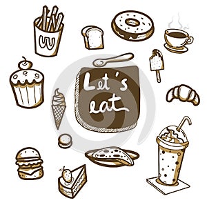 Hand drawn doodle food set,desert and beverage,vector