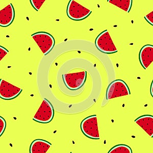 Hand drawn doodle fruit on yellow background. Watermelon slices seamless pattern. Bright summer background.