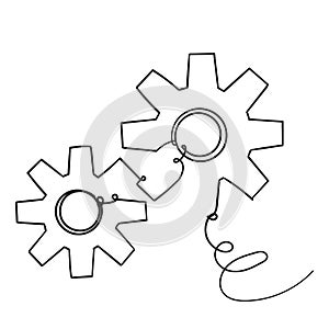 Hand drawn doodle Gears are drawn by a single line on a white background. Single line drawing. Continuous line. Vector