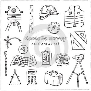 Hand drawn doodle geodetic survey set.