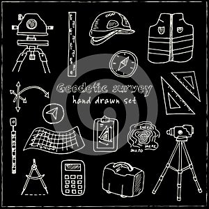 Hand drawn doodle geodetic survey set.
