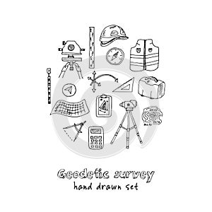 Hand drawn doodle geodetic survey set.