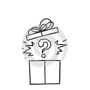 hand drawn doodle gift box and question mark symbol for mystery box