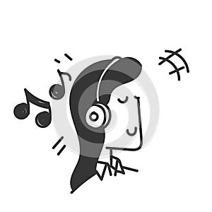 hand drawn doodle girl listening music with headset illustration vector