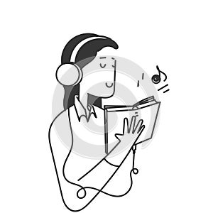 hand drawn doodle girl listening to audio book illustration vector
