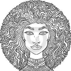 Hand drawn doodle girlss face on white background. Womens portrait for adult coloring book.