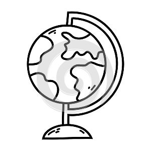 Hand drawn doodle globe icon. Vector sketch illustration of black outline earth sphere, world globe map for print