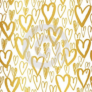 Hand Drawn Doodle Golden Hearts Valentine`s Day vector Seamless Pattern. Modern Graffity Cutout Silhouettes Background