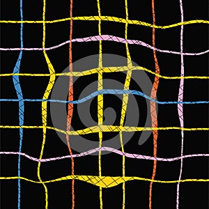 Hand drawn doodle grid pattern. Colored print vector. Distort wavy warp abstract background. Waves, swirl, twirl texture