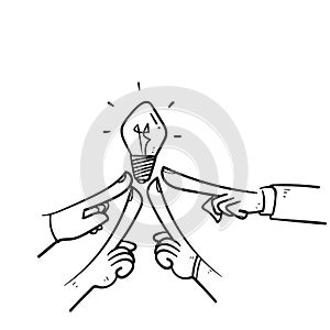 Hand drawn doodle hand holding bulb together symbol for team brainstorm icon illustration