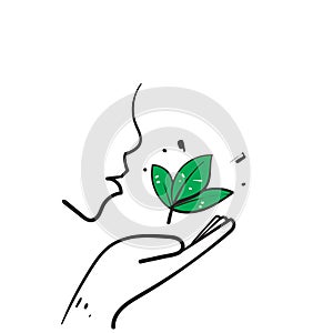 Hand drawn doodle hand holding leaf symbol for eco illustration symbol
