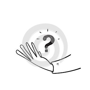 Hand drawn doodle hand holding question mark illustration vector isolated