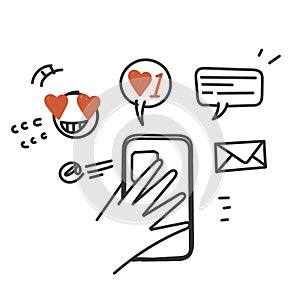 hand drawn doodle hands holding phone with message icon illustration vector