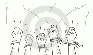 Hand drawn of doodle hands up. fist hand, protest symbol, power sign