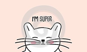 Hand drawn doodle happy and smiling cat thinks he is super isolated on pink background cute vector illustration. The cat loves
