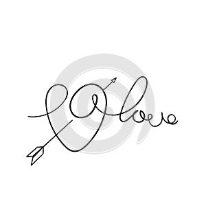 Hand drawn doodle heart love and arrow illustration with continuous line art style vector