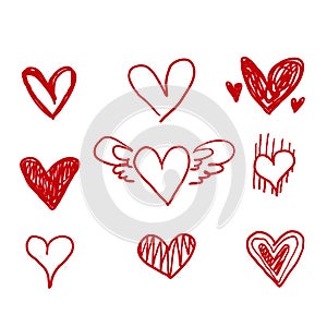 Hand drawn Doodle hearts, hand drawn love heart collection. red color vector