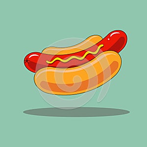 Hand drawn doodle hot dog with long appetizing Vienna sausage with mustard in the traditional bun on gray background with shadow