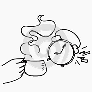 hand drawn doodle hot drink and clock illustration vector