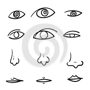 Hand drawn doodle human eyes nose lips illustration