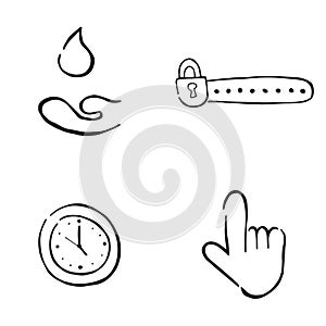 Hand drawn doodle icon objects. Water drop and hand, locked password, clock time and hand cursor. Black outlines, white