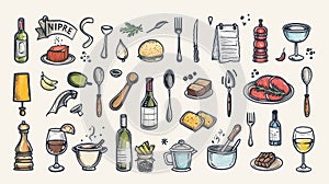 Hand drawn doodle icon set of food, kitchen, restaurant. Including wine bottle, glass, utensil, frying pan, cooking pot