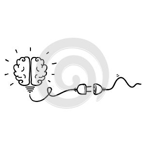 Hand drawn doodle Idea concept, human brain in light bulb, creative bulb sign, innovations. vector