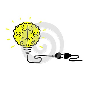 Hand drawn doodle Idea concept, human brain in light bulb, creative bulb sign, innovations. vector