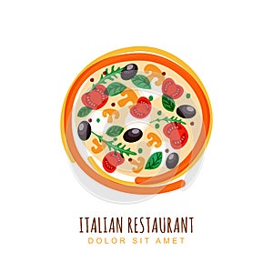 Hand drawn doodle illustration of italian pizza with tomato, mus