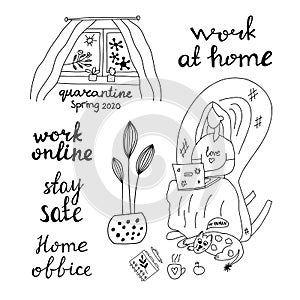 Hand drawn doodle insulation set. Work home, online, stay safe. Girl sitting in an arm chair working on a laptop. Cat